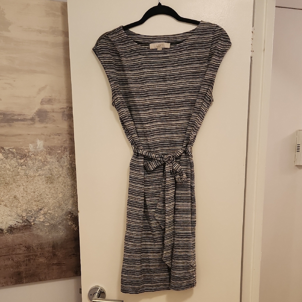 LOFT Black & White Striped Tie-Waist Midi Dress